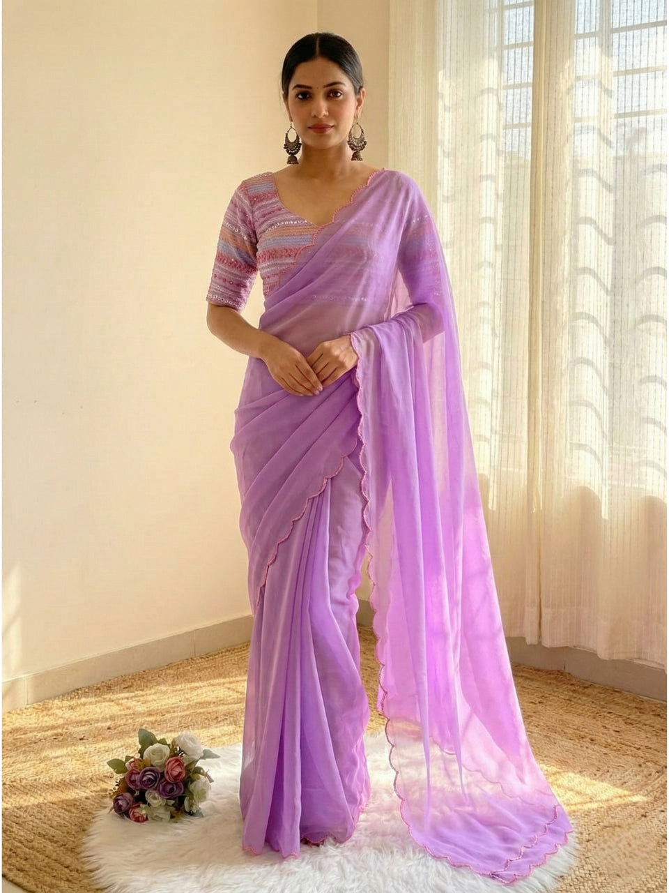 Lavender Georgette Aari Embroidery Border Saree with Work Blouse