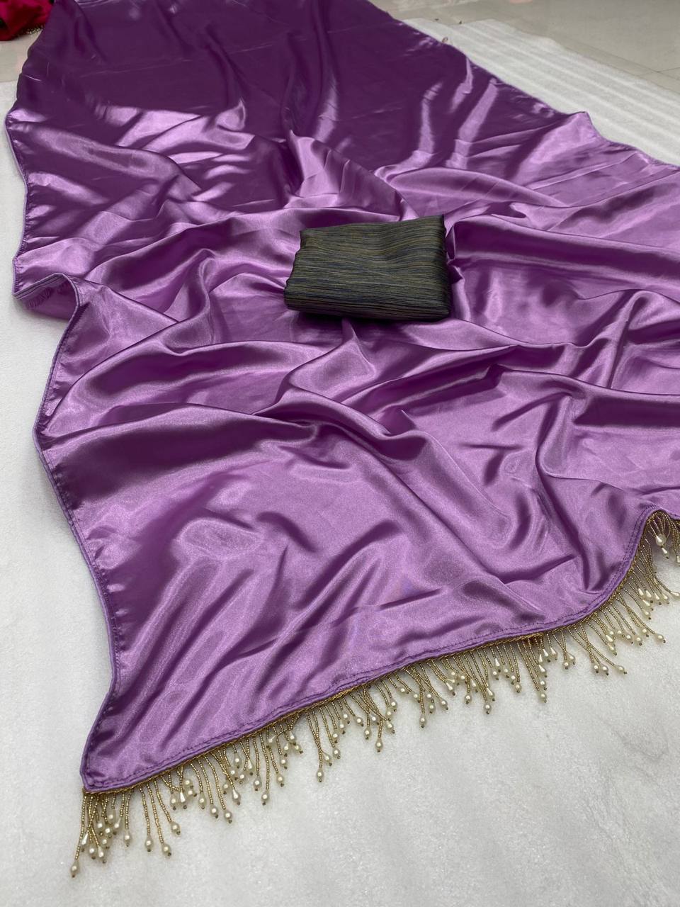 Lavender Lalic Satin Saree with Contrast Malbari Weaving Blouse