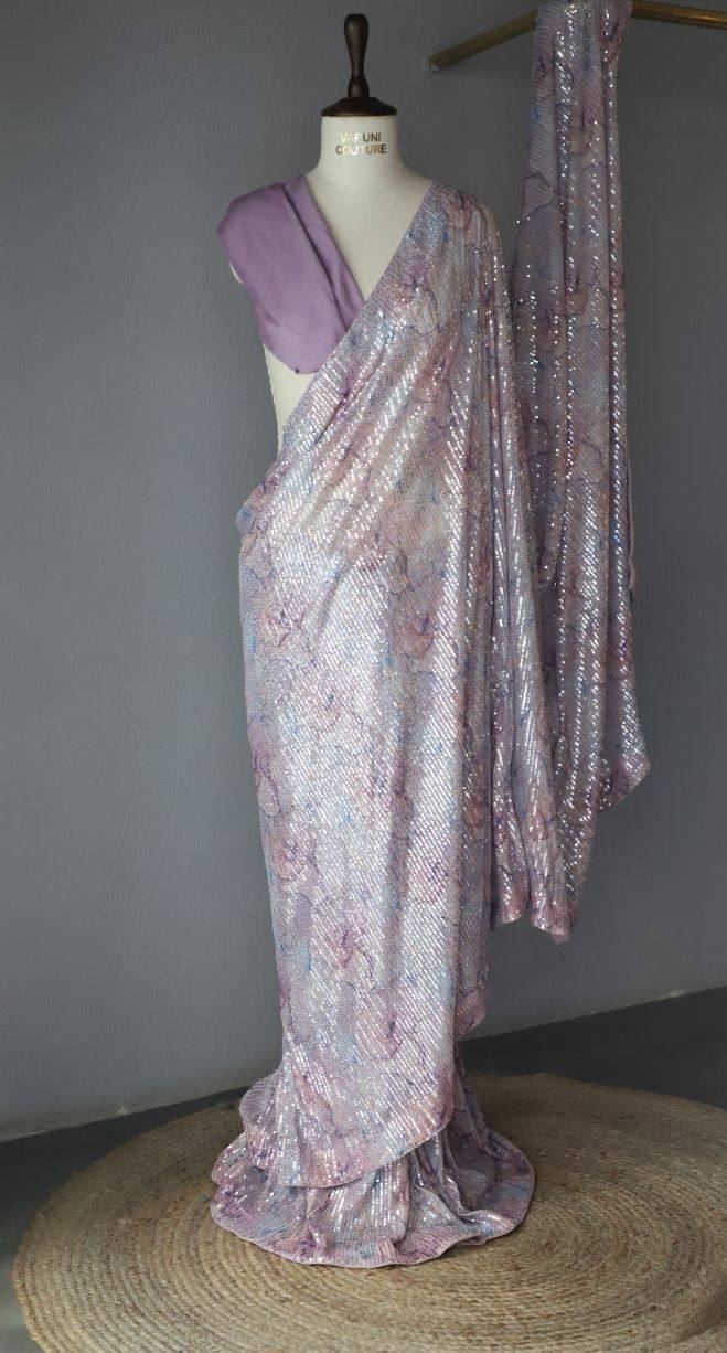 Lavender Lilac Georgette Digital Print Saree with Full Sequins Border