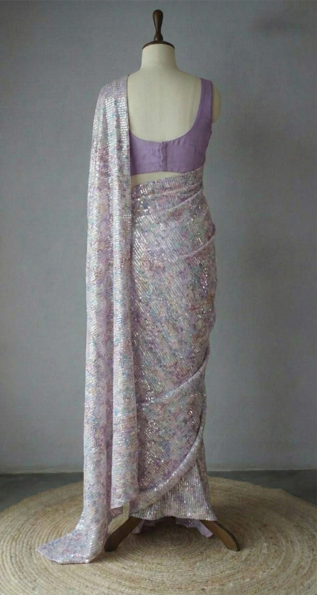 Lavender Lilac Georgette Digital Print Saree with Full Sequins Border