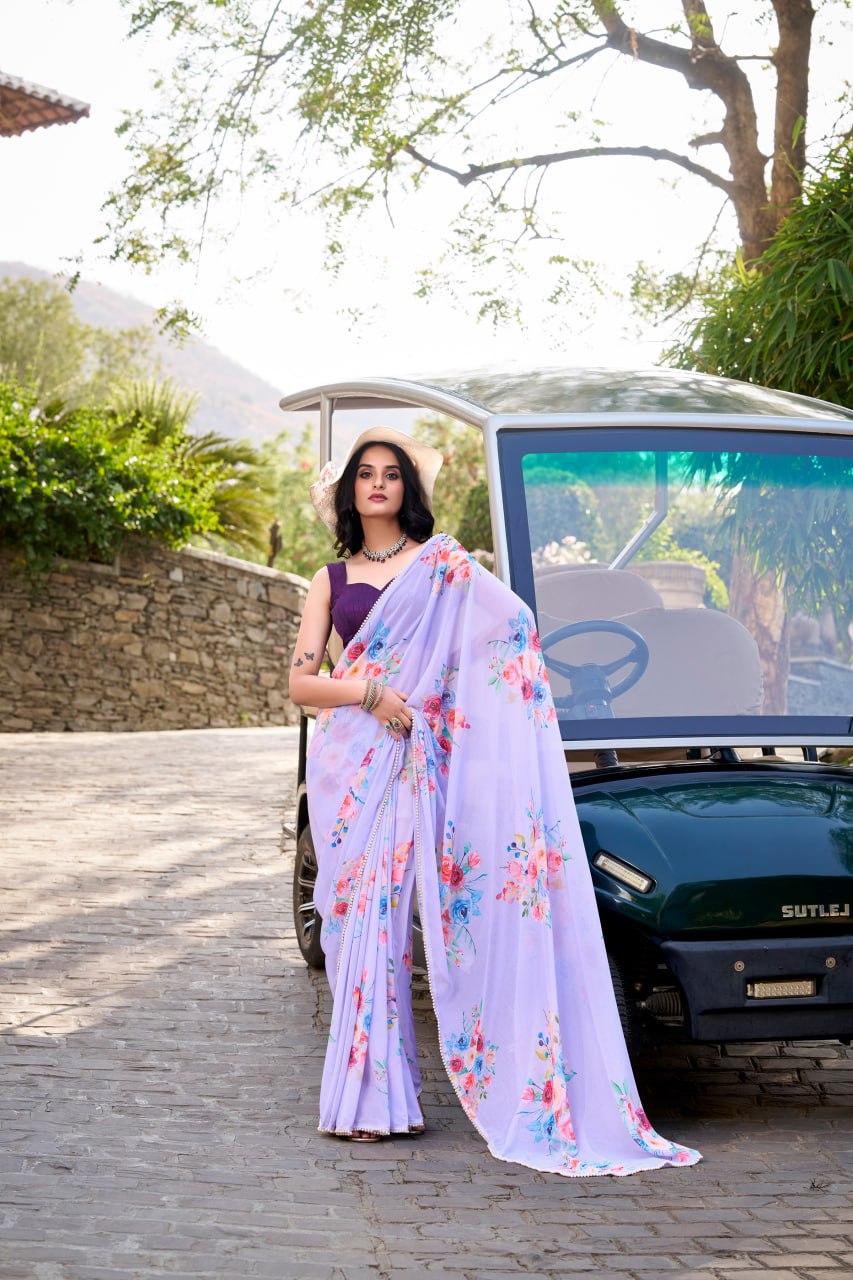 Lavender Weightless Marble Floral Print Saree with Pearl Lace Border