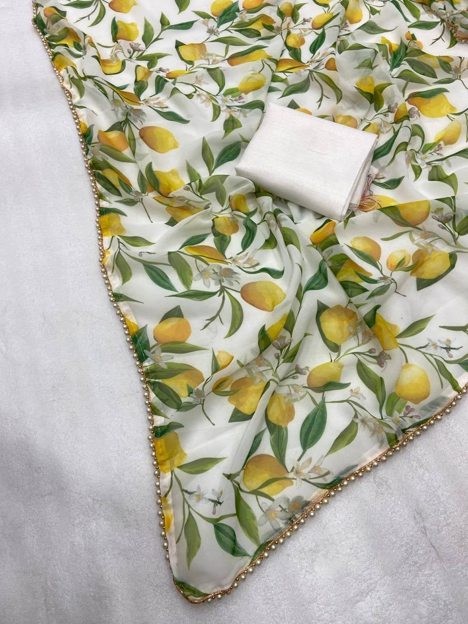 Lemon Yellow Georgette Digital Print Saree with Lace Border & Blouse