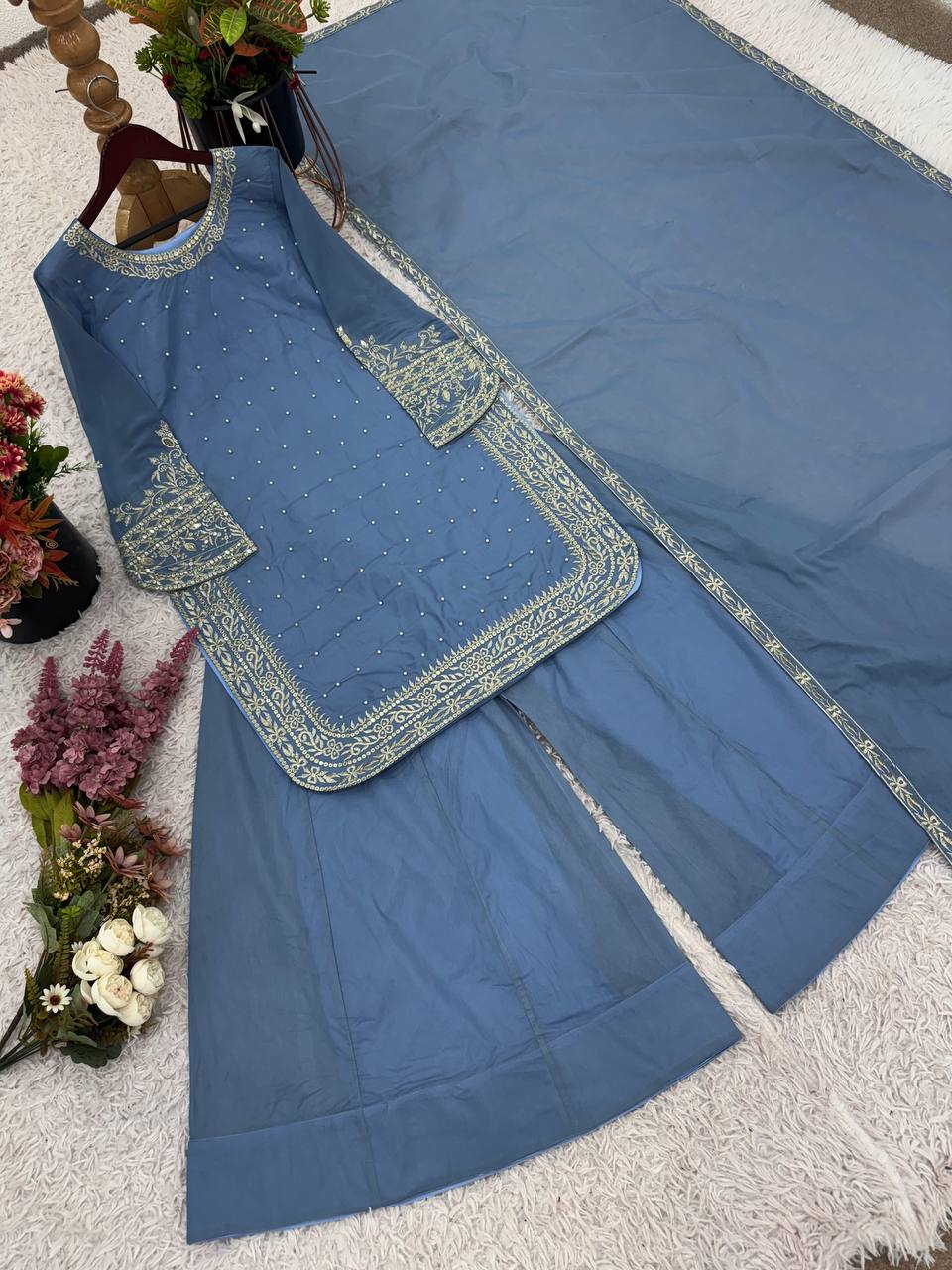 Light Blue Designer Faux Georgette Sharara Suit and Dupatta For Party Wear