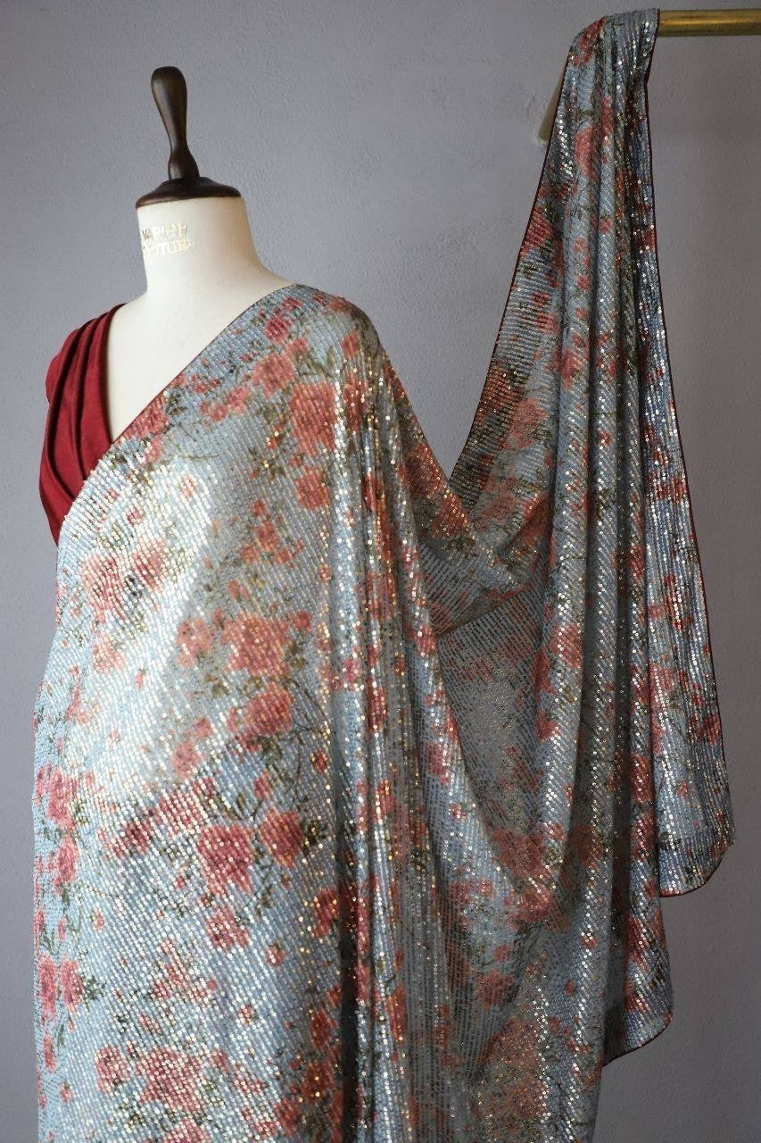 Light Blue Georgette Digital Print Saree with Full Sequins Border