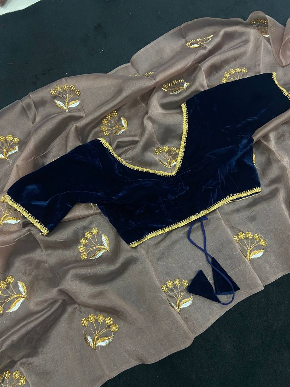 Light Brown Embroidered Organza Saree with Velvet Contrast Blouse