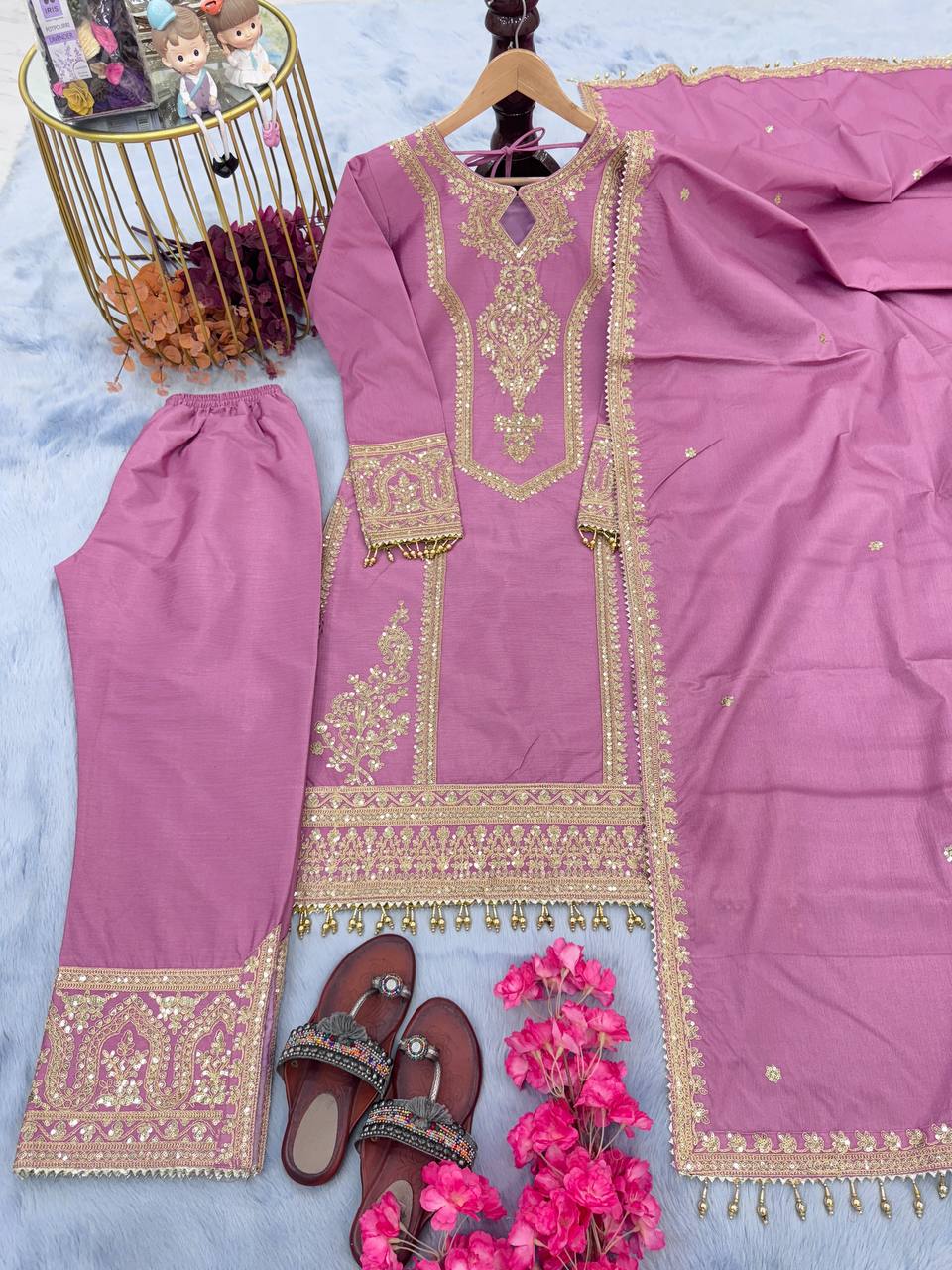 Light Pink Designer Chinon Silk Plazzo Top and Dupatta For Party Wear
