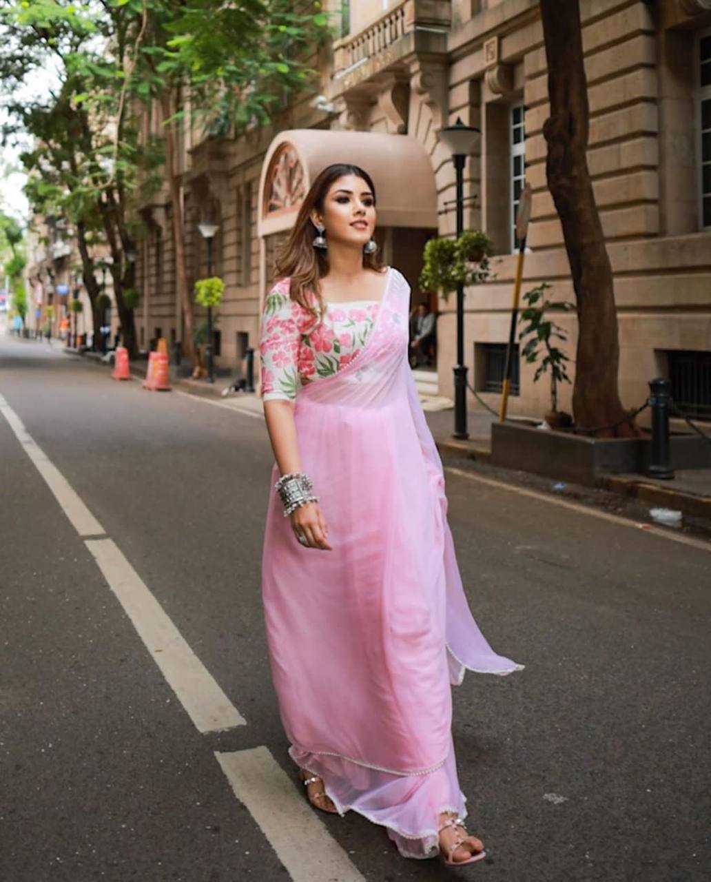 Light Pink Georgette Digital Printed Organza Saree with Designer Blouse