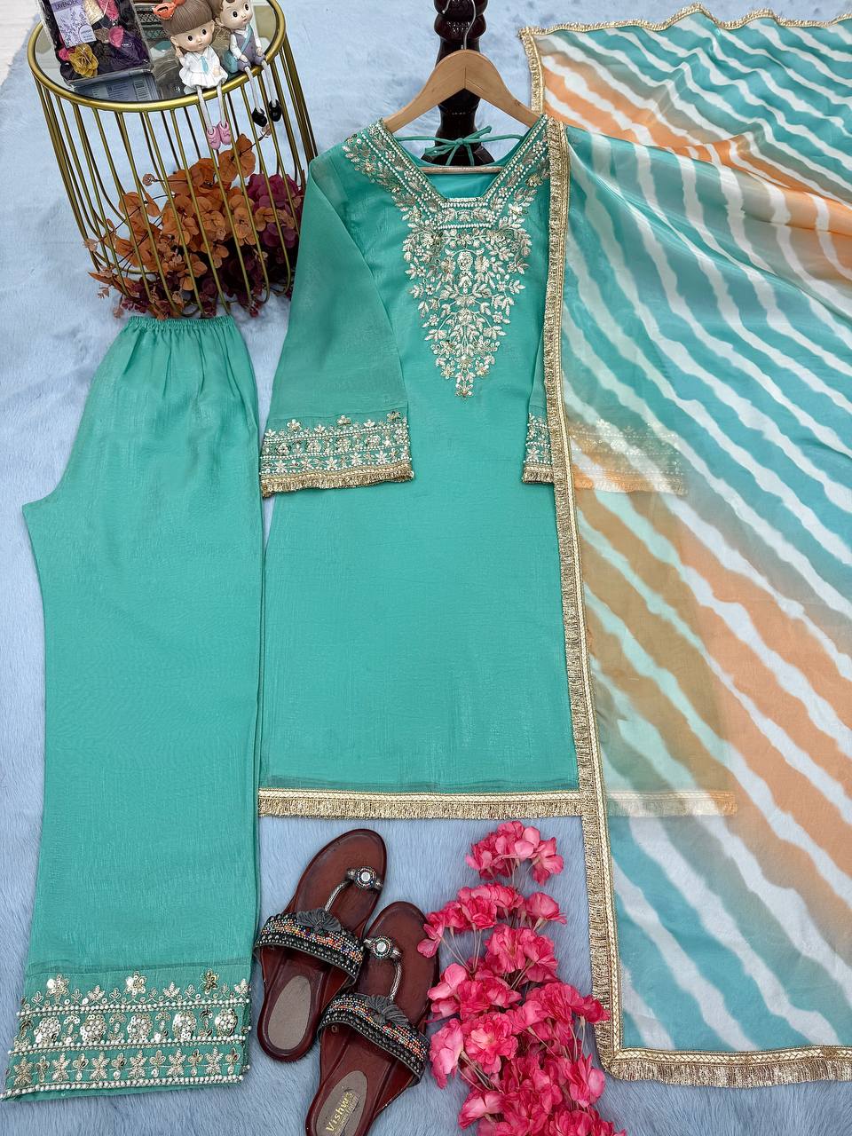 Light Pista Designer Crunchy Silk Plazzo Top and Jimmy Choo Dupatta