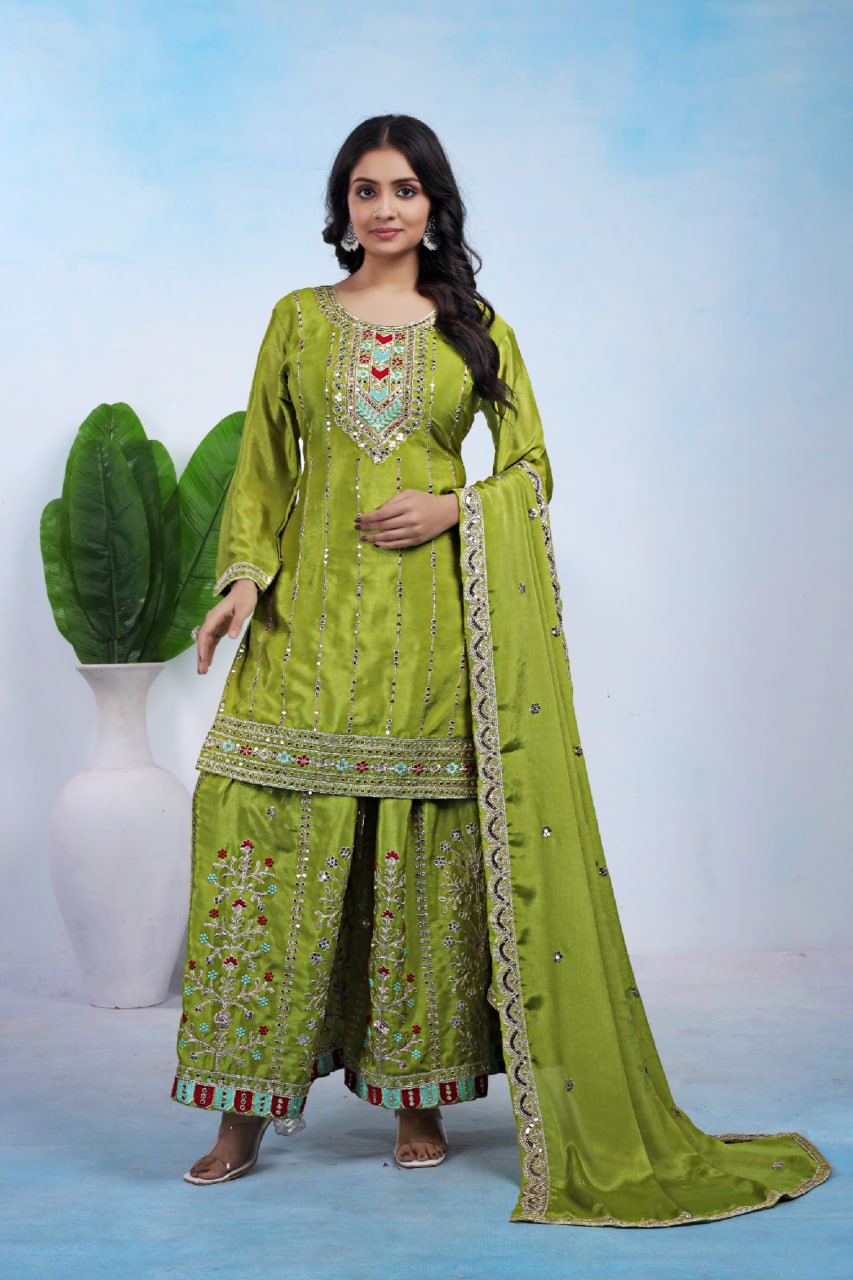 Lime Green Chinon Sharara Suit with Coding Embroidery Matching Dupatta