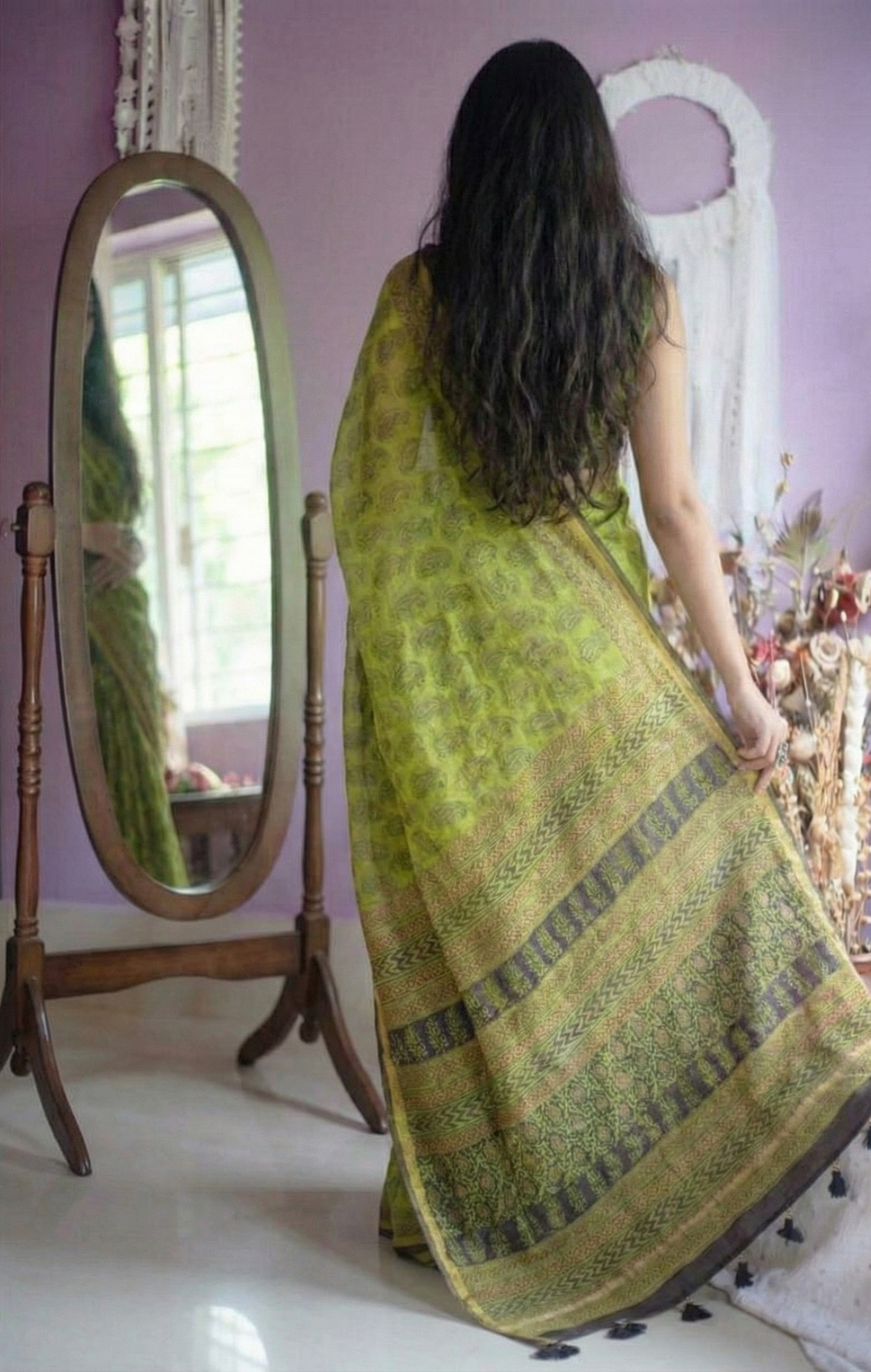 Lime Green Mulmul Cotton Digital Print Saree with matching Mulmul Blouse
