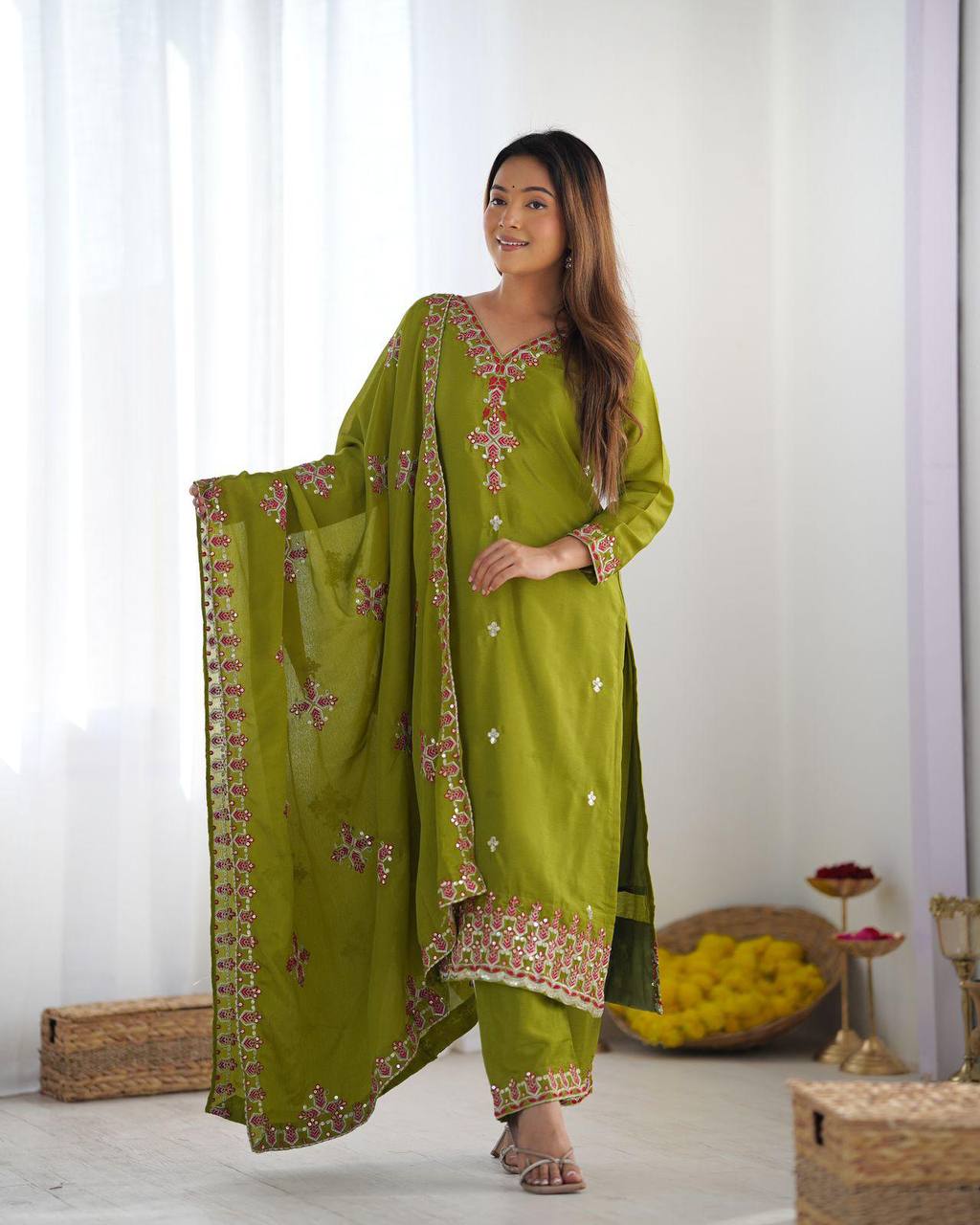 Lime Green Pure Chinnon Silk Top Bottom and Dupatta For Party Wear
