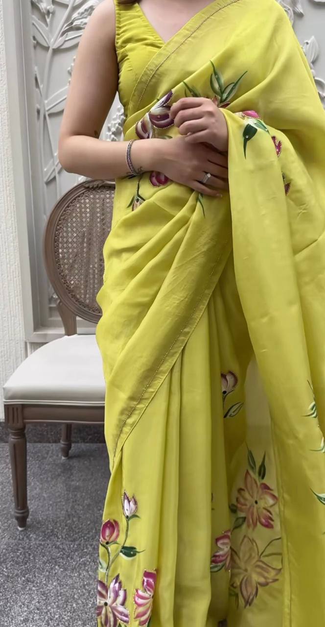 Lime Green Soft Tebi Silk Print Saree with Sequins Handwork Border