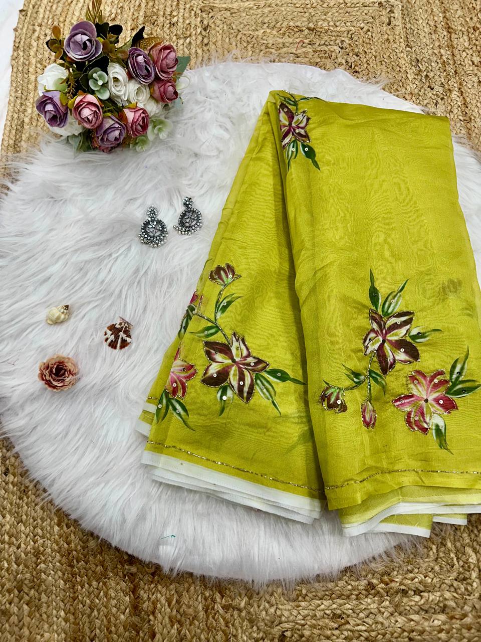 Lime Green Soft Tebi Silk Print Saree with Sequins Handwork Border