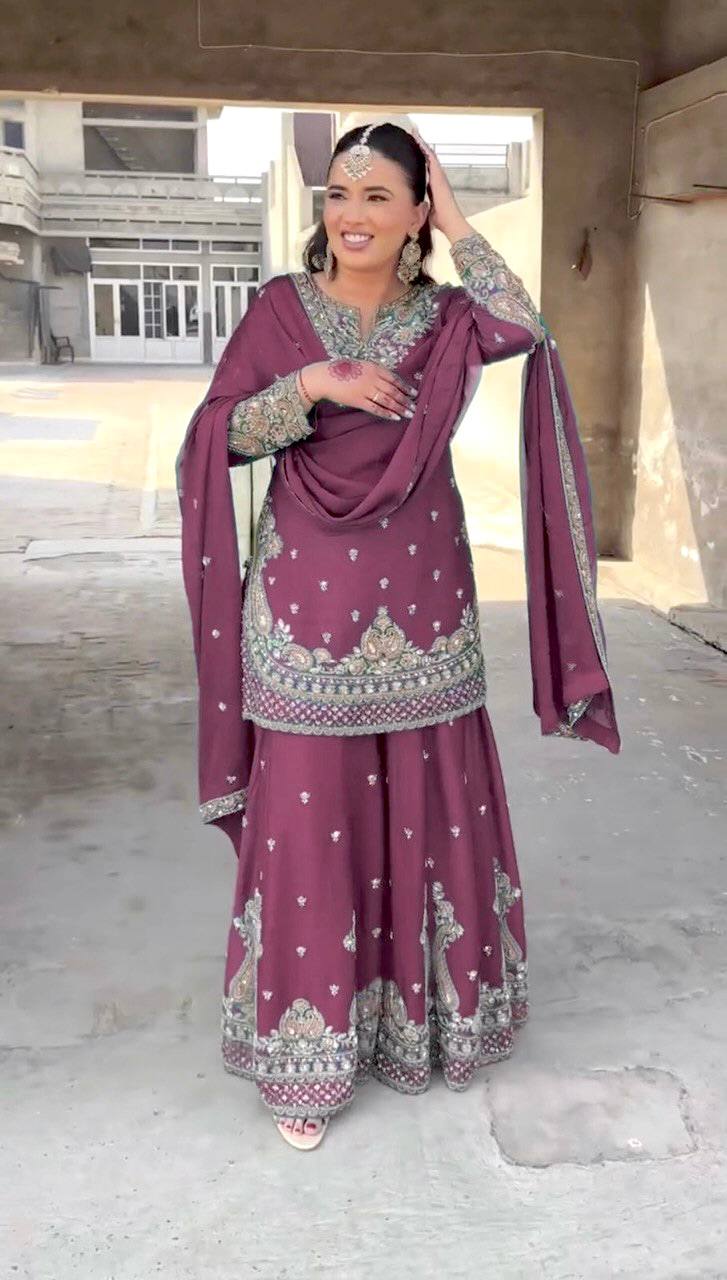 Magenta Purple Designer Chinnon Silk Sharara and Dupatta For Party Wear