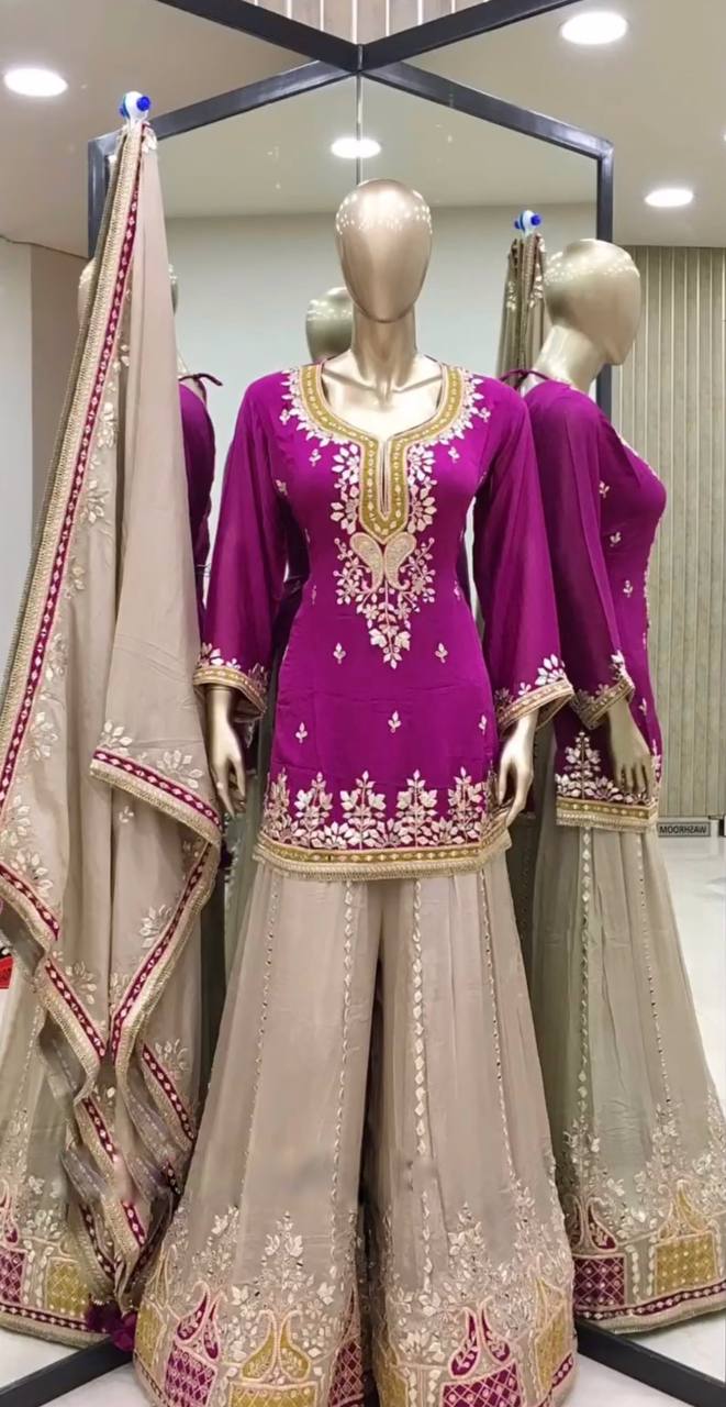 Magenta Purple Faux Georgette Sharara Suit and Dupatta For Party Wear