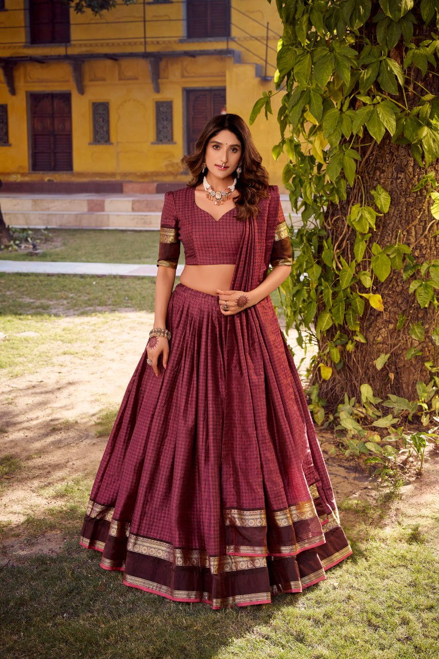 Maroon Chettinad Cotton Lehenga Choli with Matching Dupatta