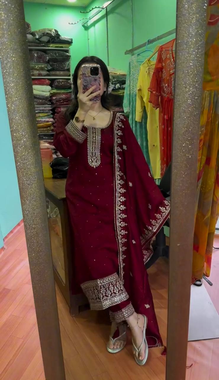 Maroon Chinnon Silk Embroidered Top Pant and Dupatta For Party Wear