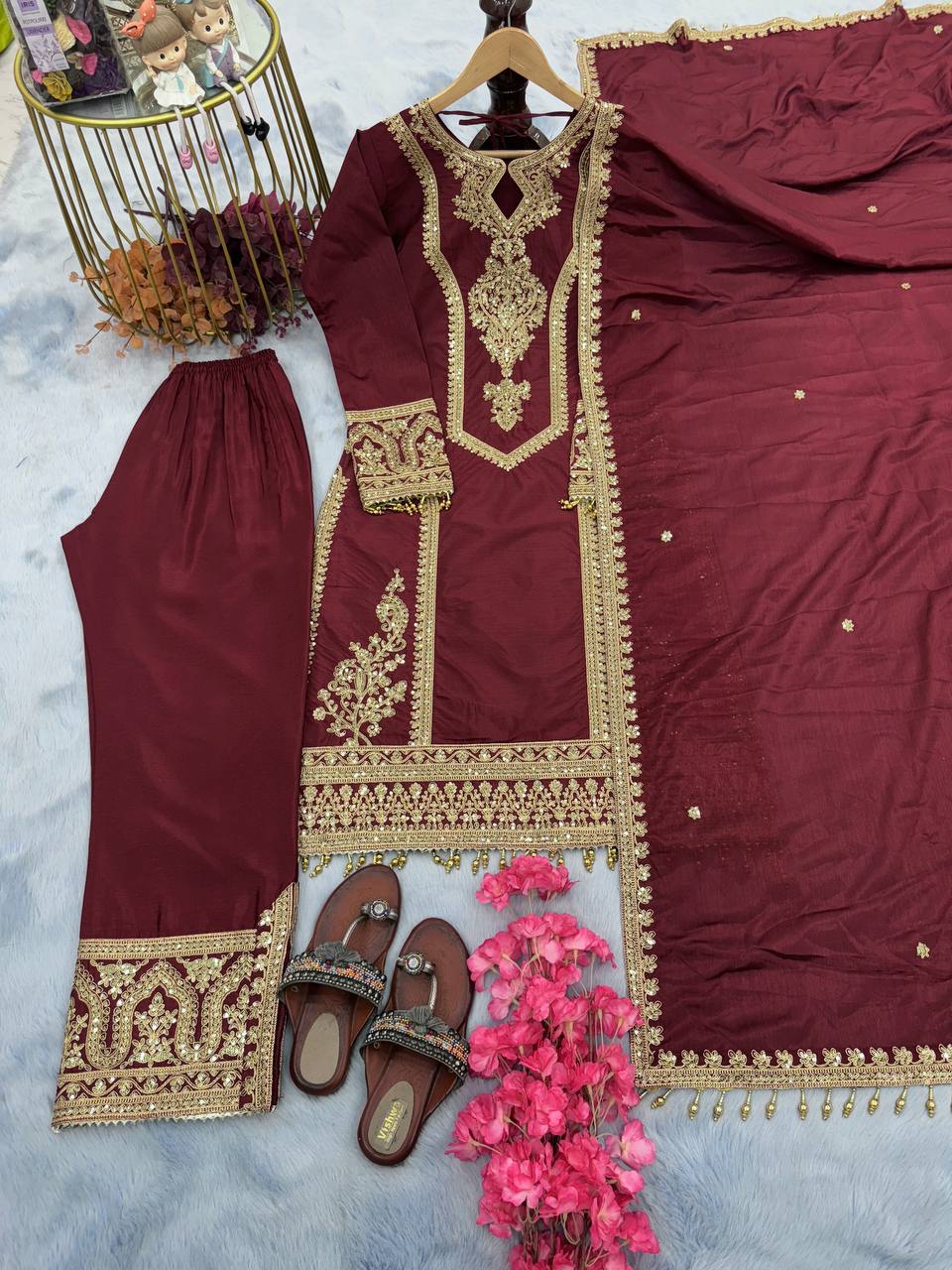 Maroon Designer Chinon Silk Plazzo Top and Dupatta For Party Wear