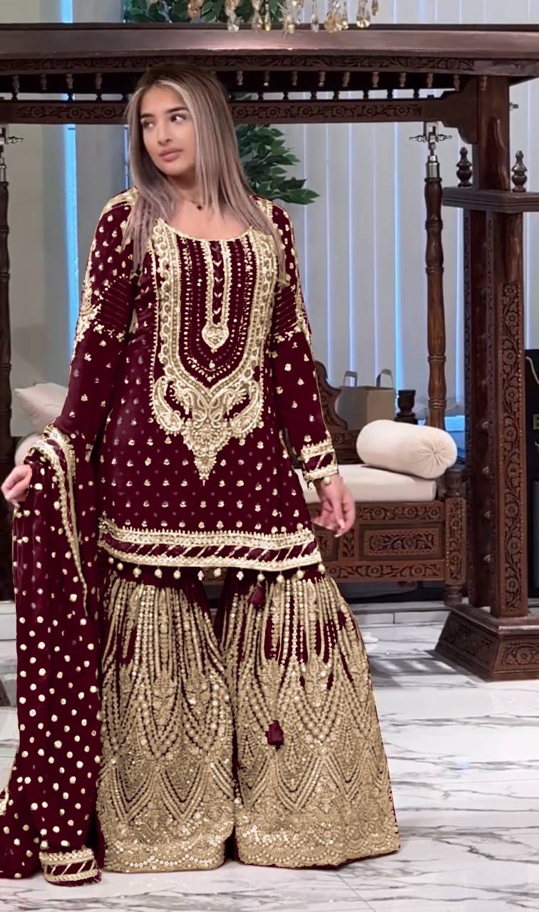 Maroon Designer Farshi Plazzo Top and Dupatta For Nikah Wear