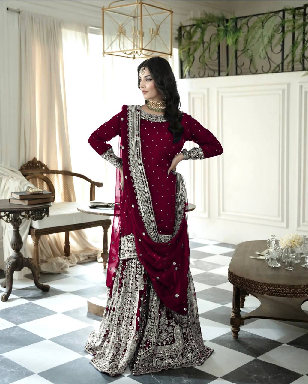 Maroon Designer Faux Georgette Embroidered Gharara Top and Dupatta
