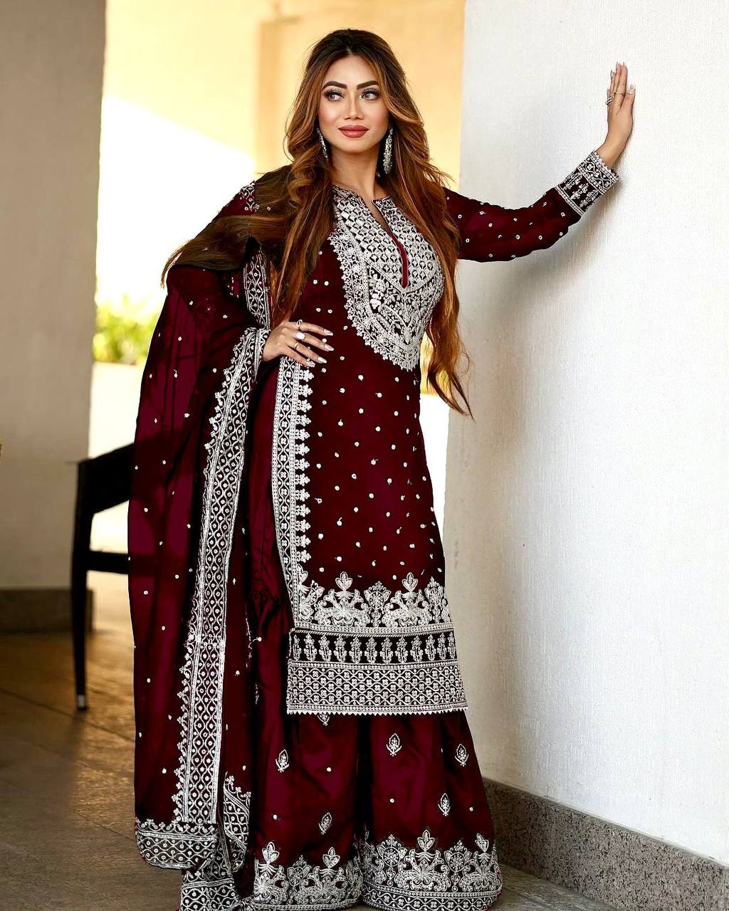 Maroon Designer Faux Georgette Top Gharara & Dupatta For Party Wear