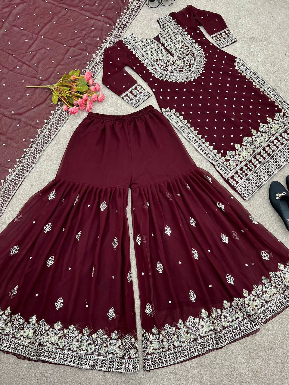 Maroon Designer Faux Georgette Top Gharara & Dupatta For Party Wear