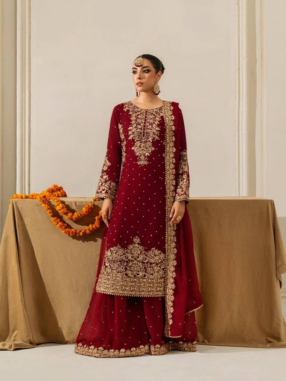 Maroon Designer Georgette Coding Top Bottom and Dupatta For Party Wear
