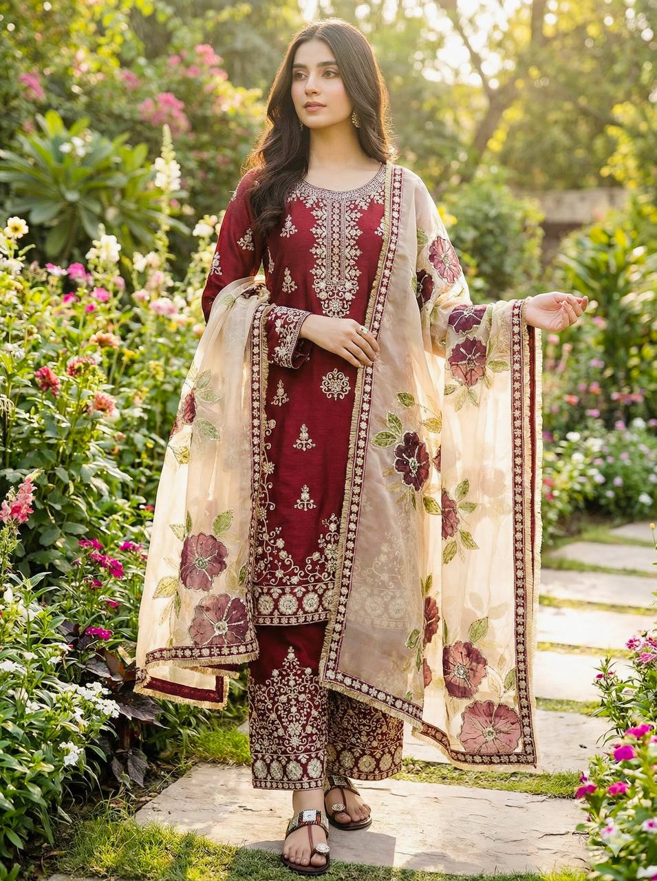 Maroon Designer GMY Silk Embroidery Palazzo Suit and Dupatta