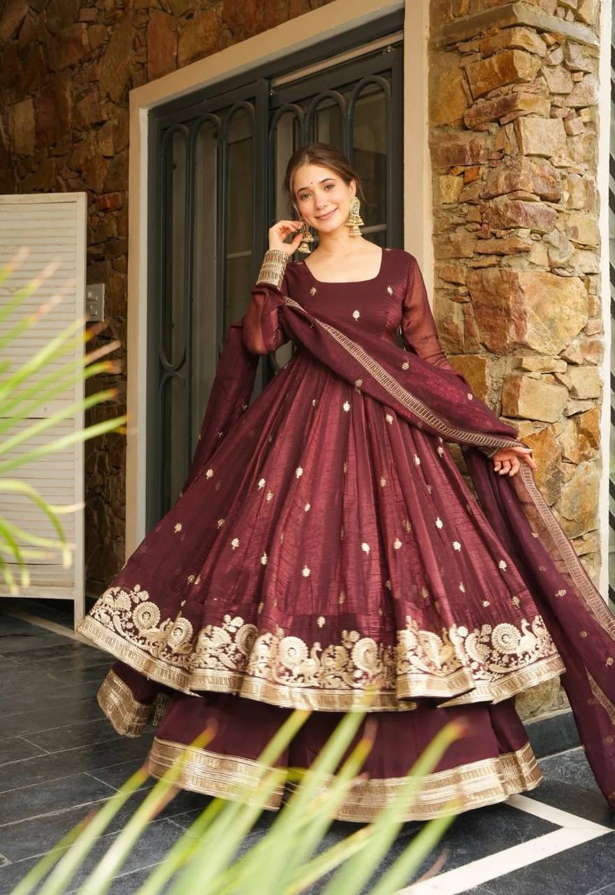 Maroon Designer Heavy Crunchy Silk Top Bottom and Dupatta For Party Wear