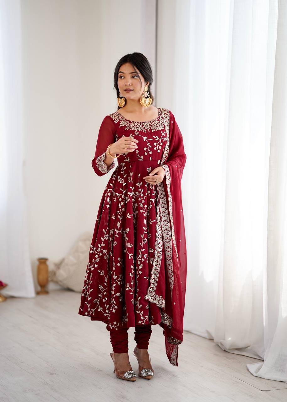 Maroon Designer Heavy Faux Georgette Anarkali Gown and Dupatta