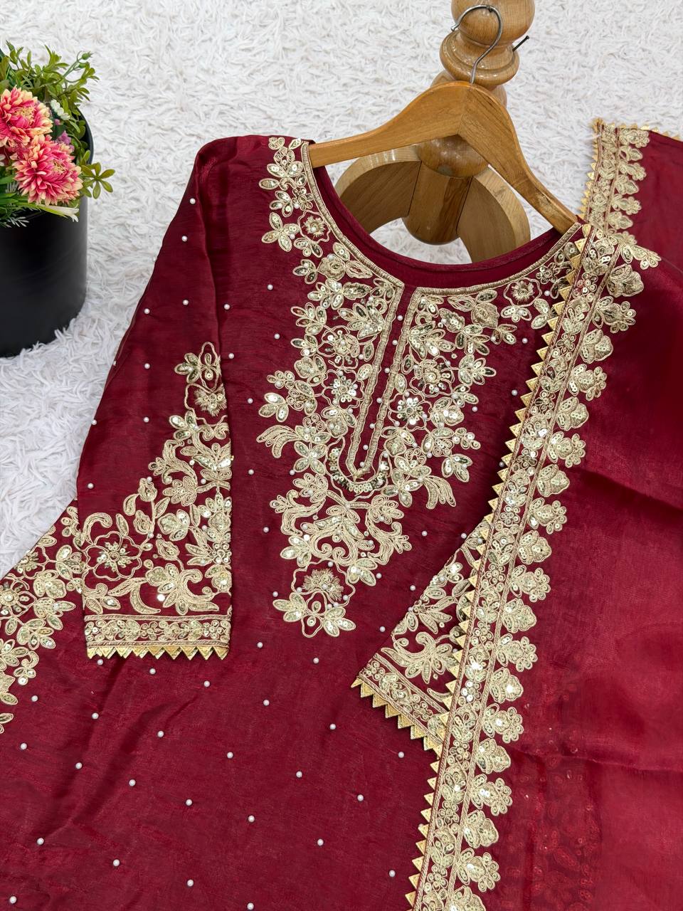 Maroon Designer Pure GMY Silk Top Bottom and Dupatta For Party Wear