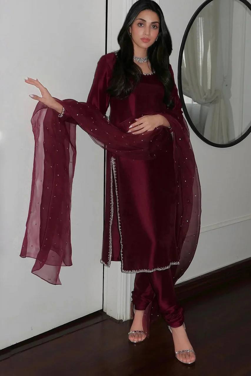 Maroon Designer Pure Jimmy Choo Silk Embroidery Top Bottom and Dupatta
