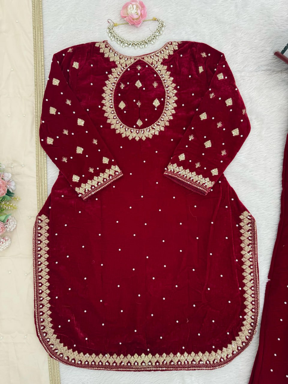 Maroon Designer Velvet Palazzo Set with Embroidery French Crepe Dupatta