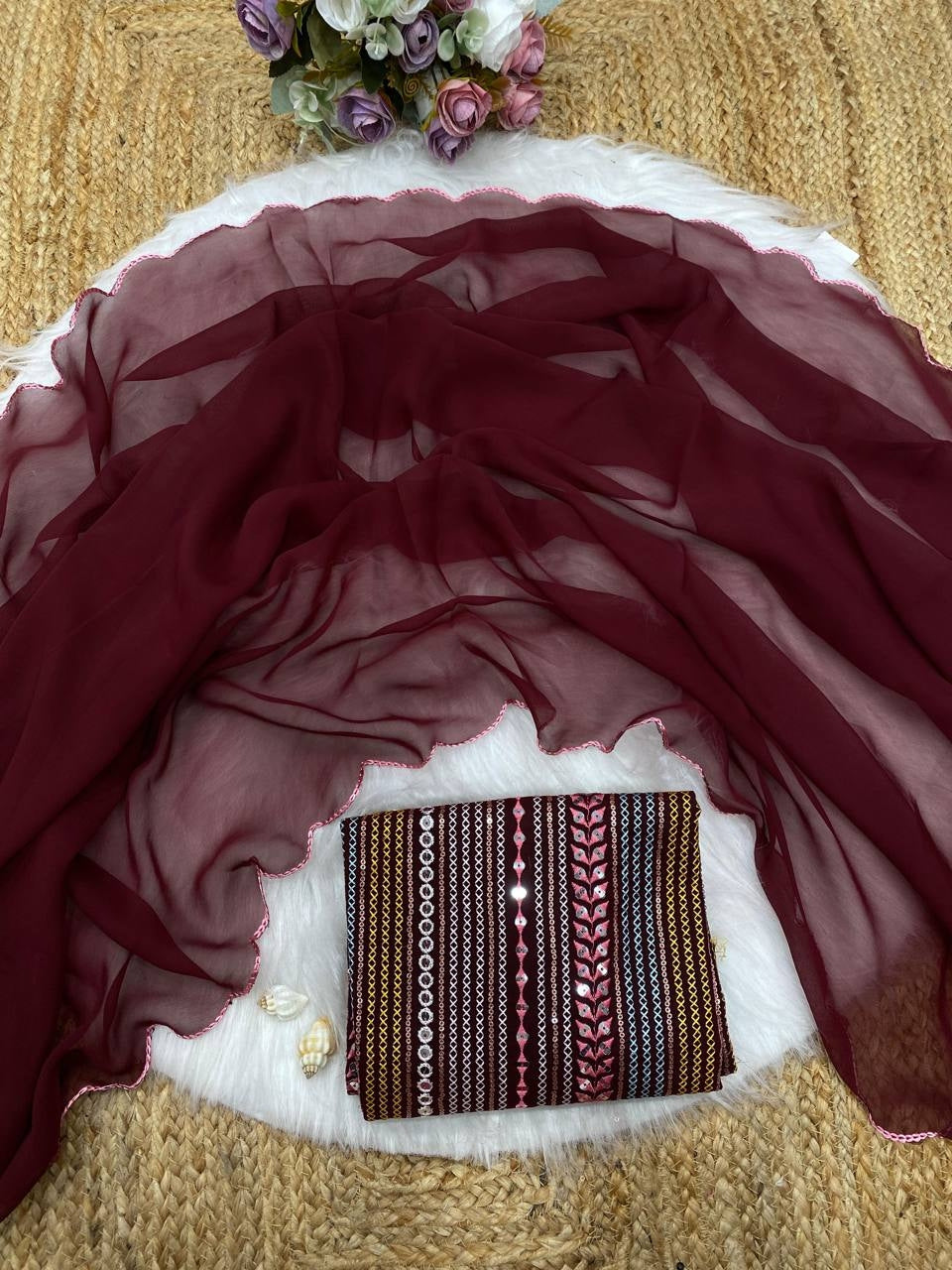 Maroon Georgette Aari Embroidery Border Saree with Work Blouse