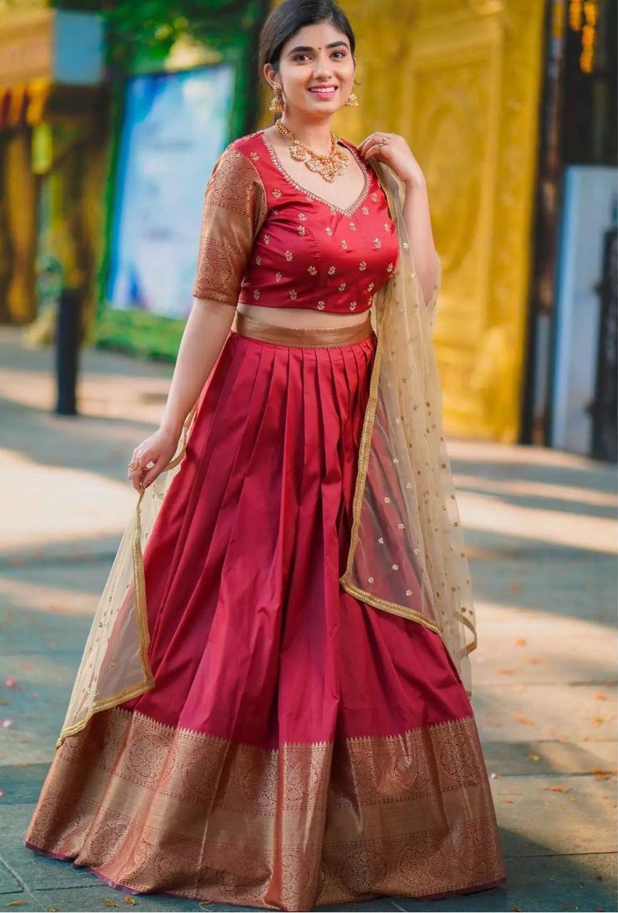 Maroon Kanchipuram Silk Lehenga Choli with Zari Weaving Net Dupatta