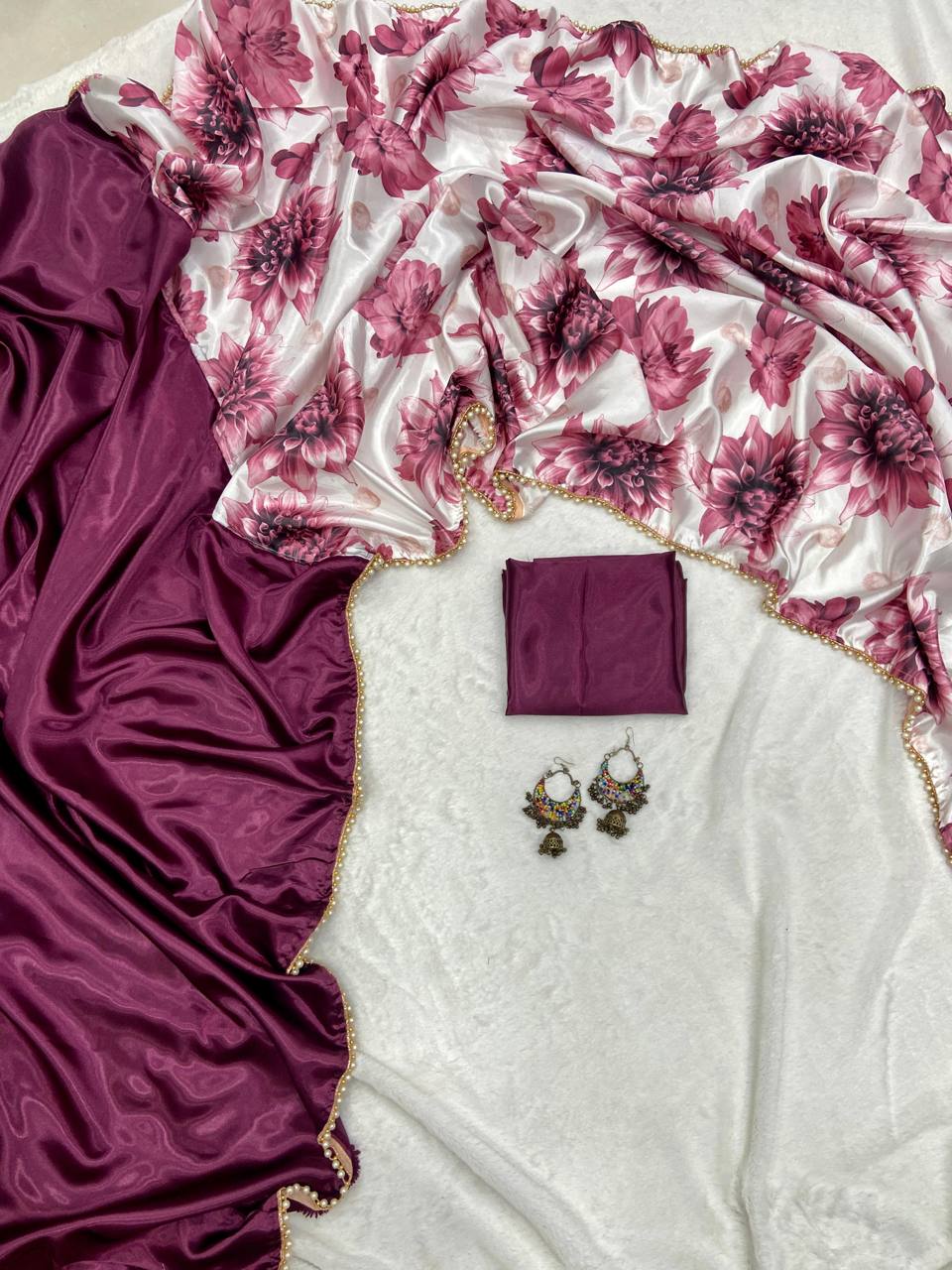 Maroon Satin Half Half Saree with floral Print Pallu & Pearl Lace Border