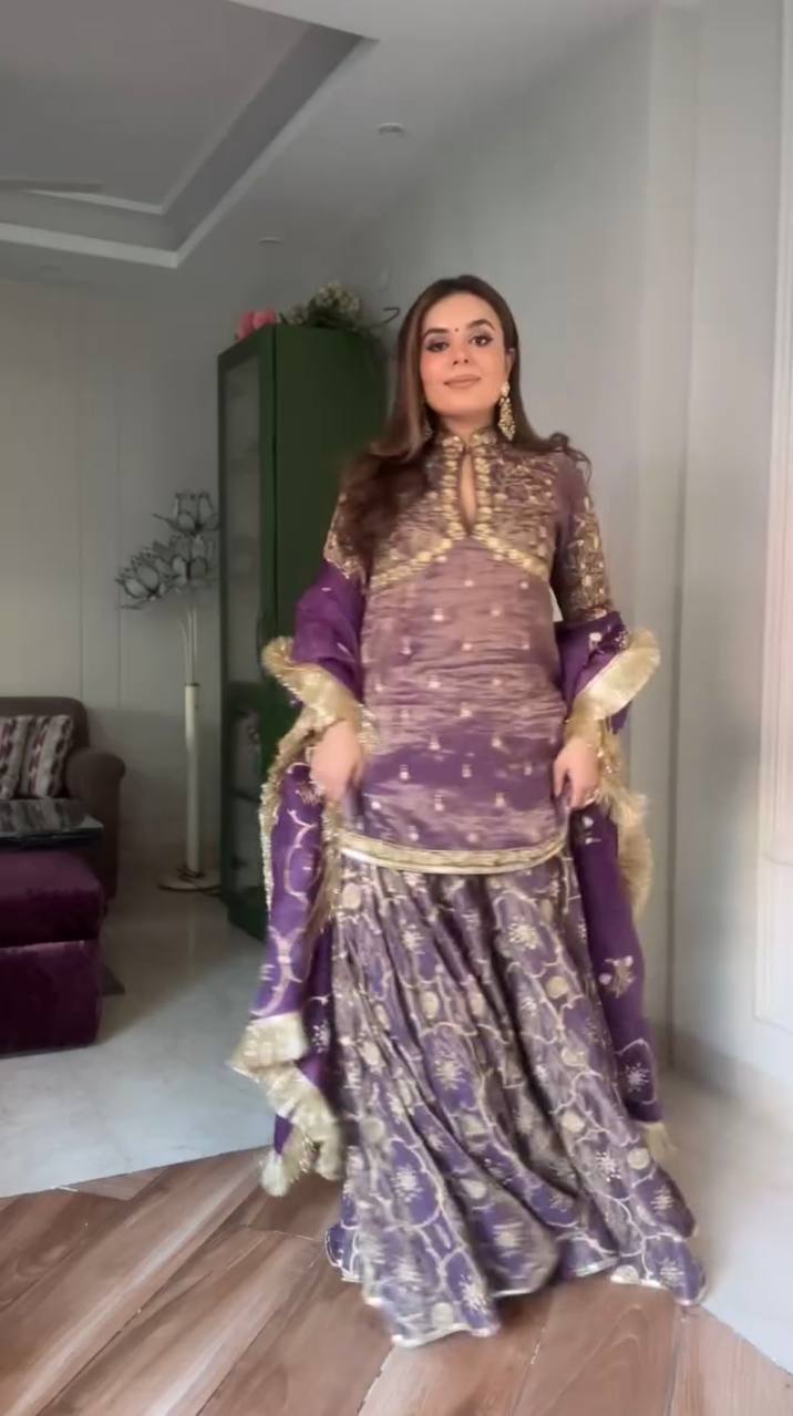 Mauve Designer Twill Gold Net Plazzo Top and Dupatta For Party Wear