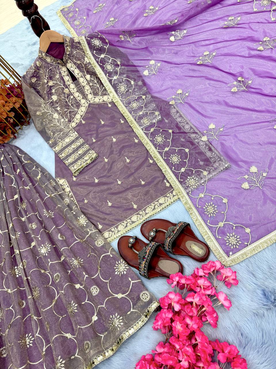 Mauve Designer Twill Gold Net Plazzo Top and Dupatta For Party Wear