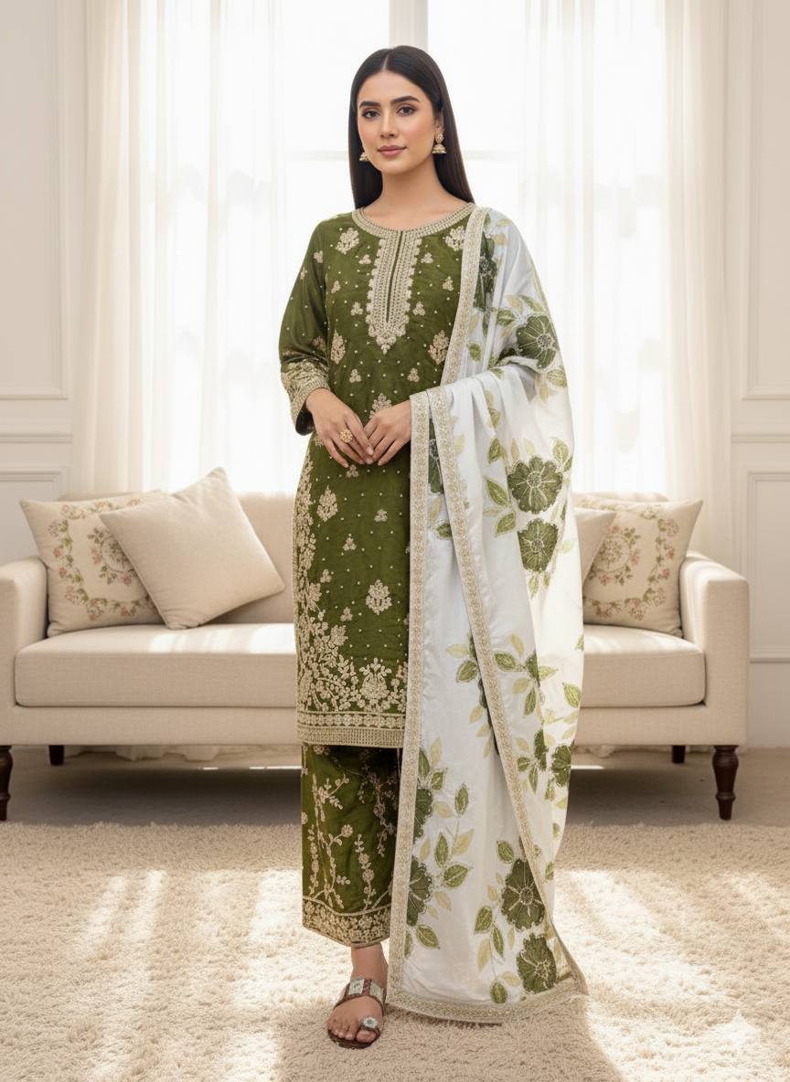 Mehendi Green Designer GMY Silk Embroidery Plazzo Suit and Dupatta