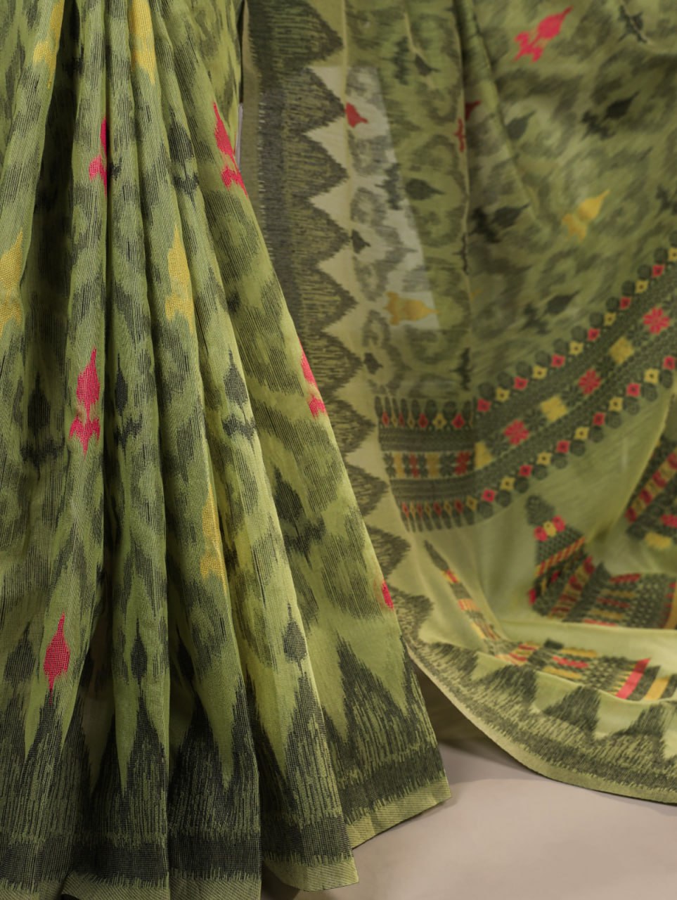 Mehendi Green Soft Poly Cotton Printed Saree with Thread Weaving