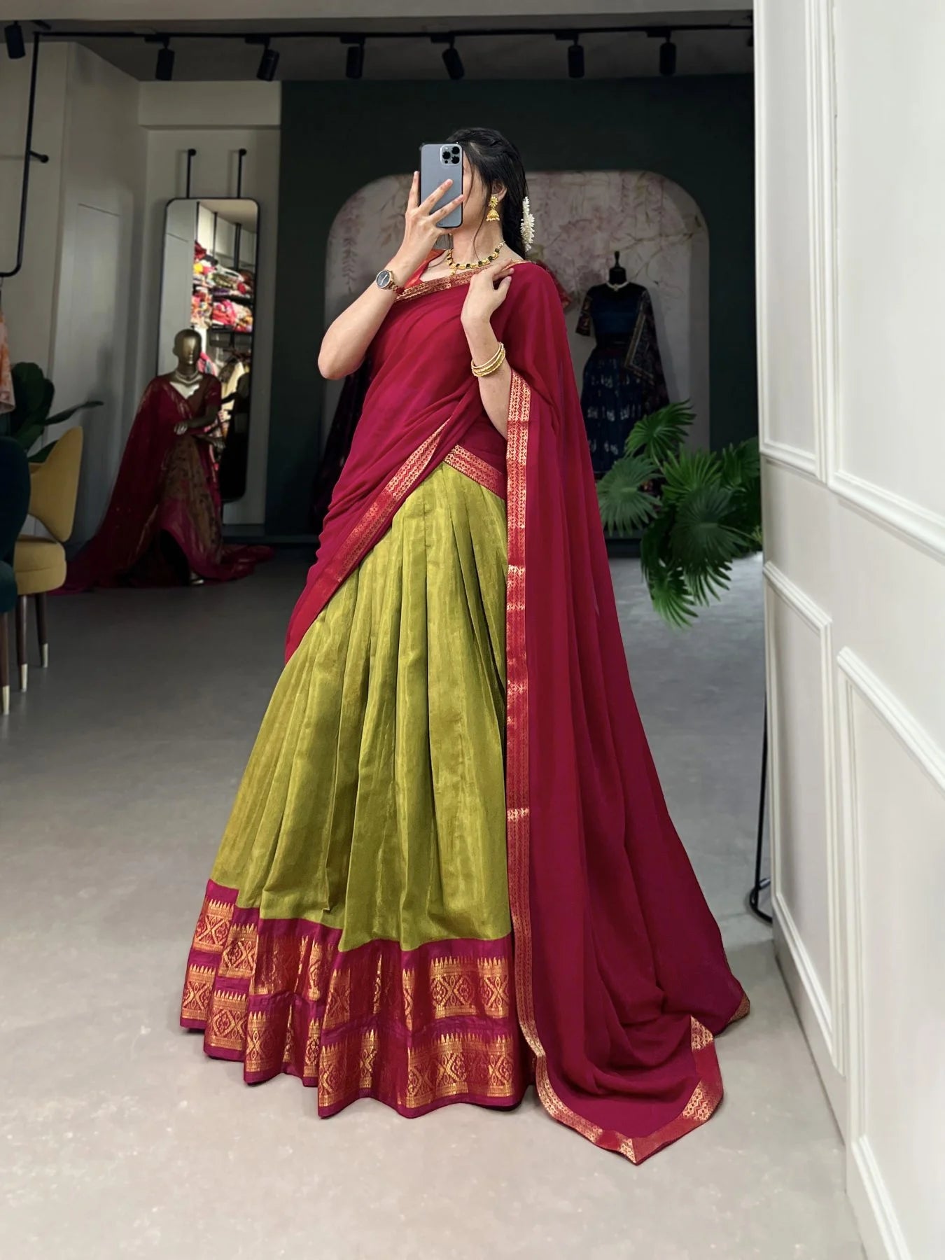 Kanchipuram Lehenga Choli with Ethnic Dupatta for Women Wedding Festival