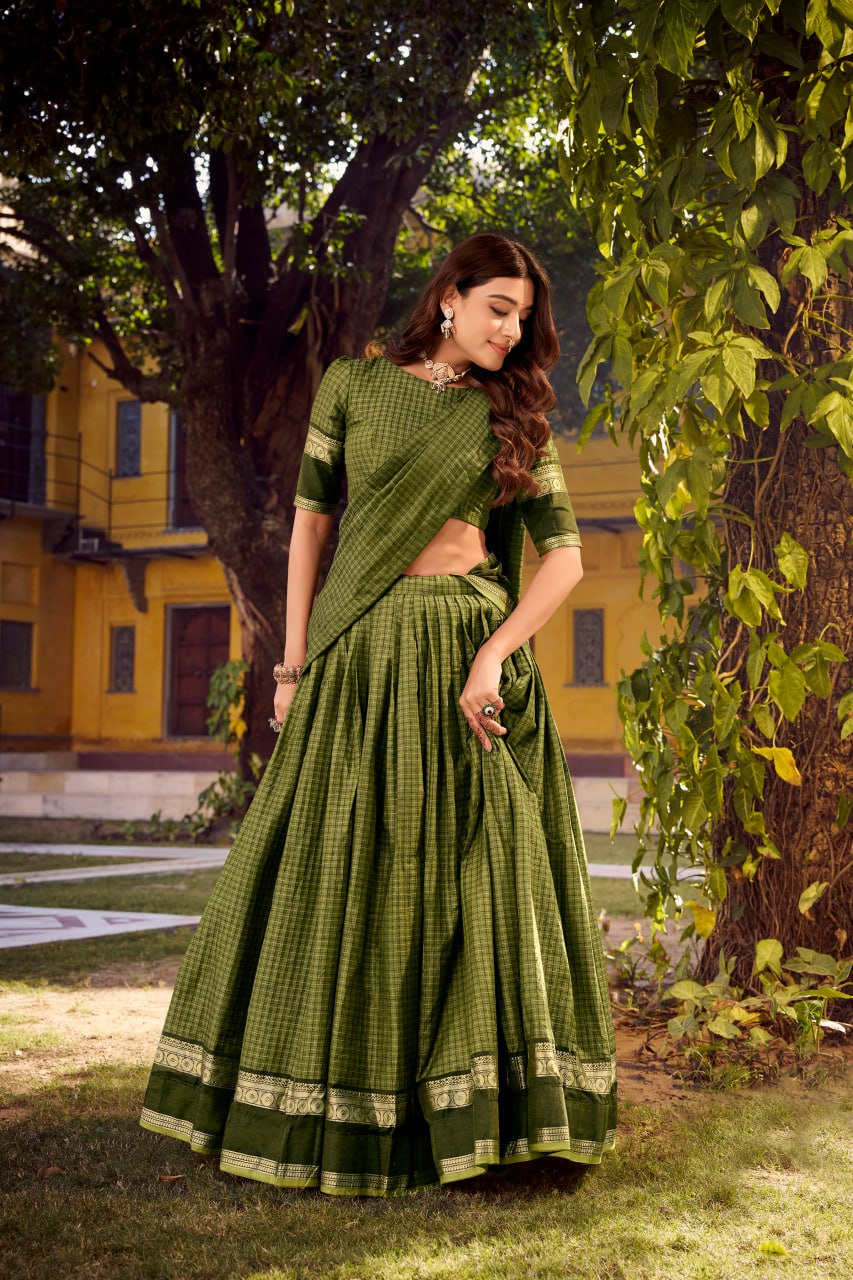 Mehndi Green Chettinad Cotton Lehenga Choli with Matching Dupatta