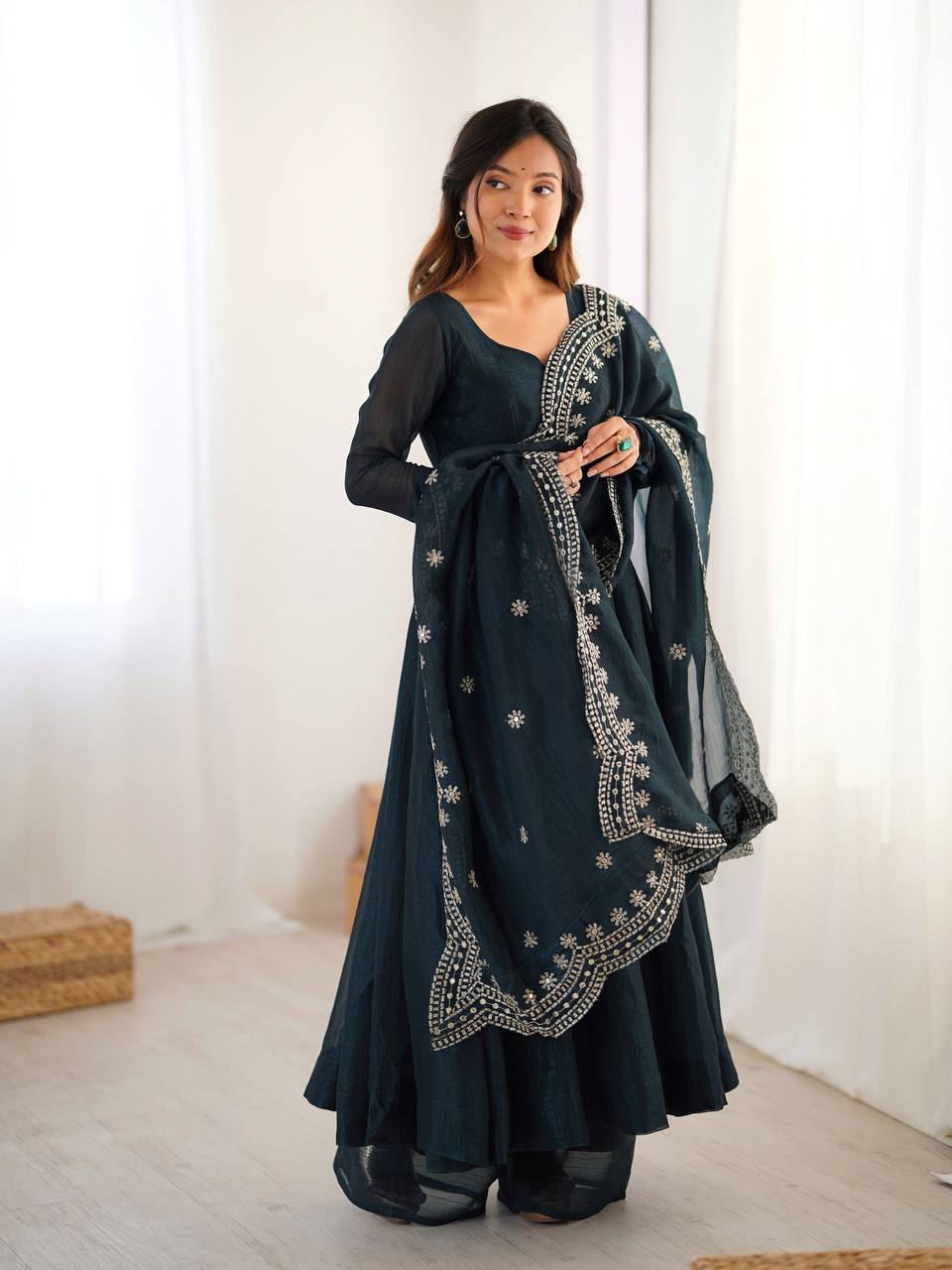 Midnight Blue Designer Heavy Fandy Silk Gown and Dupatta For Party Wear