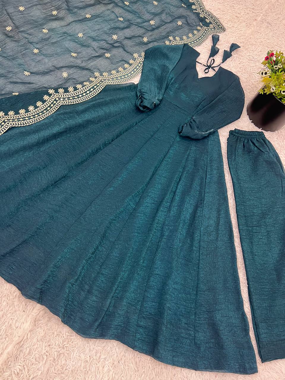 Midnight Blue Designer Heavy Fandy Silk Gown and Dupatta For Party Wear