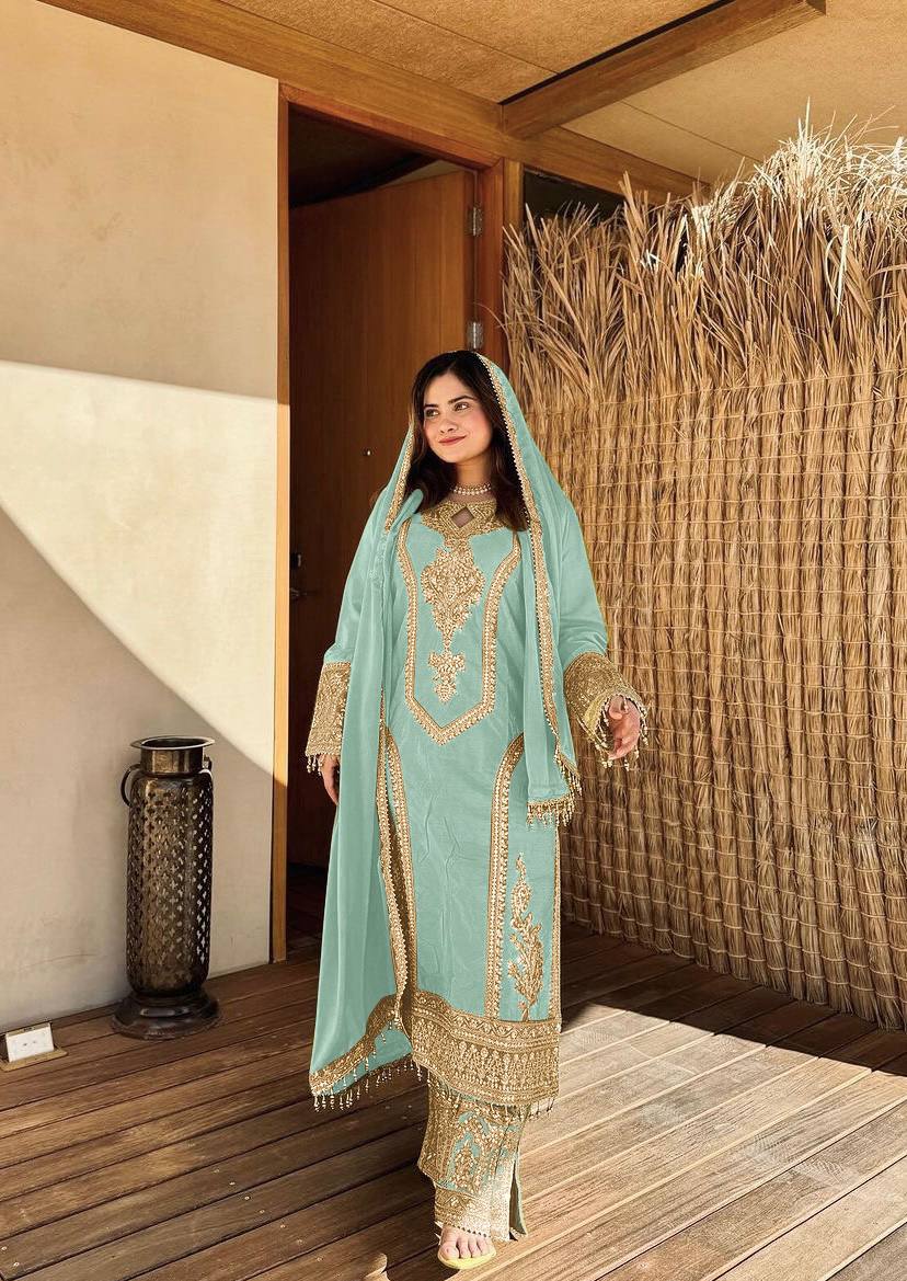 Mint Green Designer Chinon Silk Plazzo Top and Dupatta For Party Wear