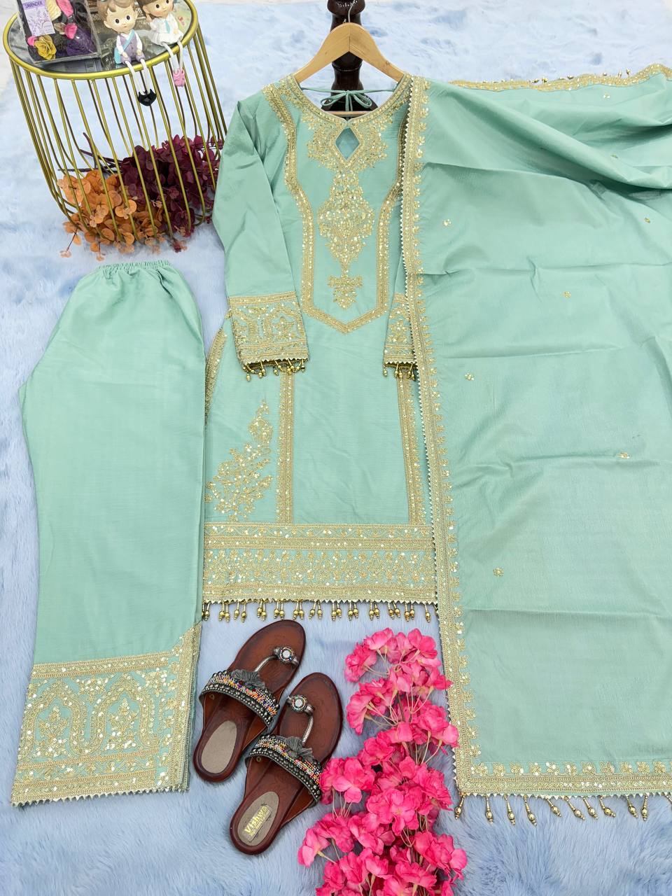 Mint Green Designer Chinon Silk Plazzo Top and Dupatta For Party Wear