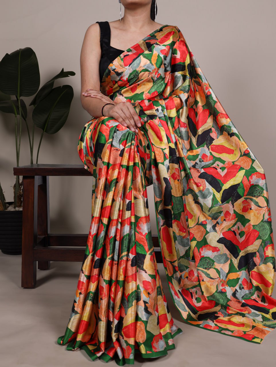 Multi-color Floral Satin Silk Printed Saree with Banglory Black Blouse