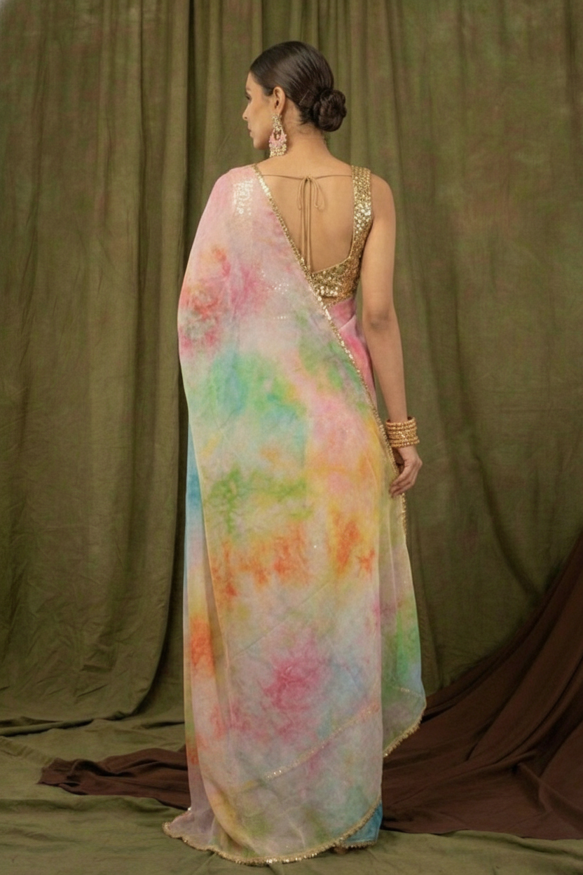 Multi-Color Pure Khadi Organza Saree with Golden Banglori Blouse