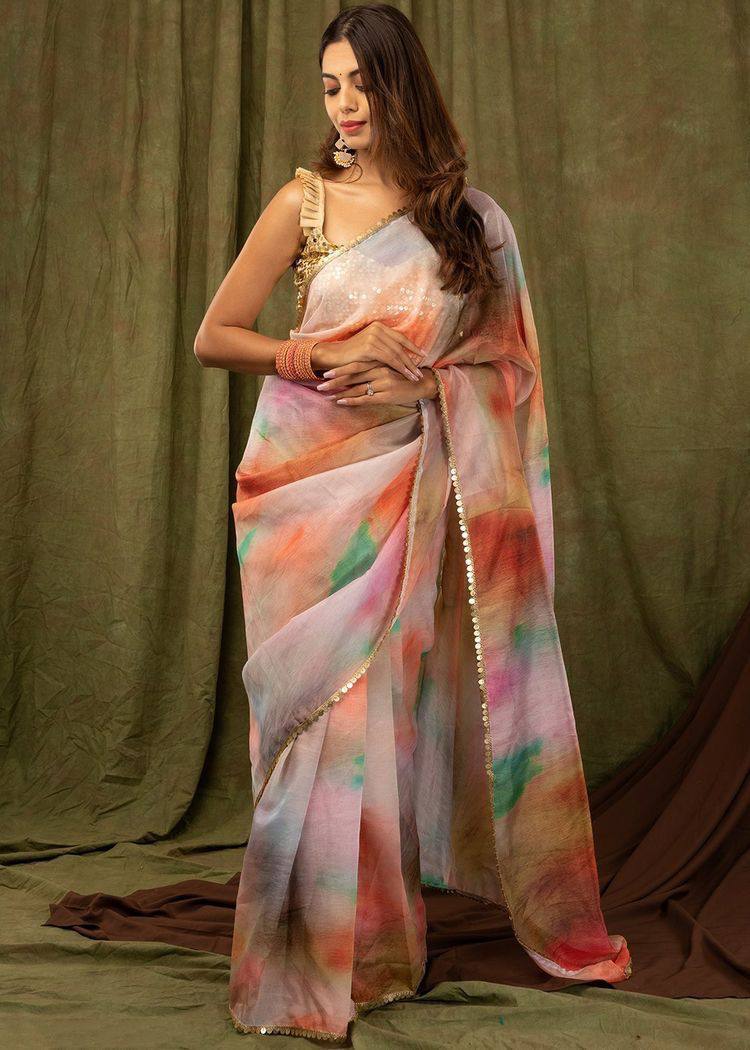 multicolor Pure Khadi Organza Saree with Banglori Blouse
