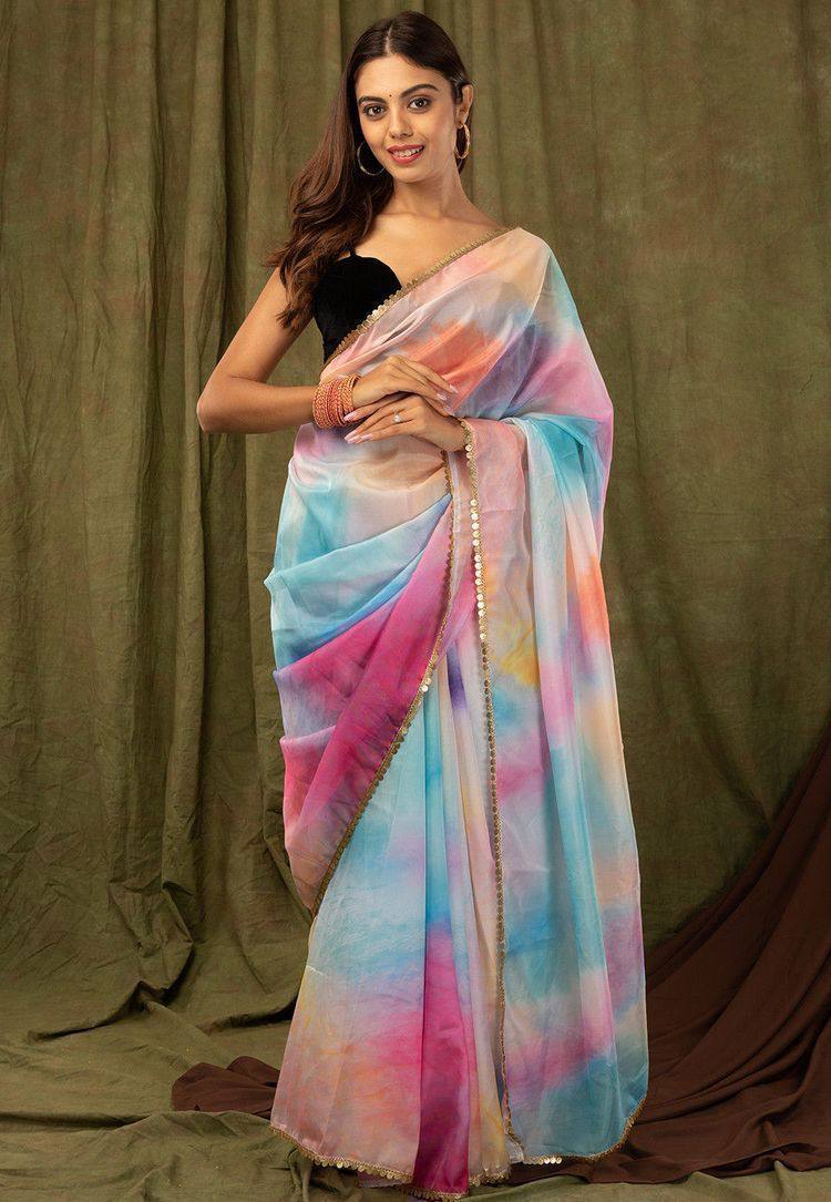 Multicolored Pure Khadi Organza Saree with Golden Banglori Blouse